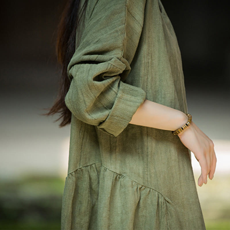 Solid Color Chinese V-neck Long Sleeve Ramie Linen Midi Dress