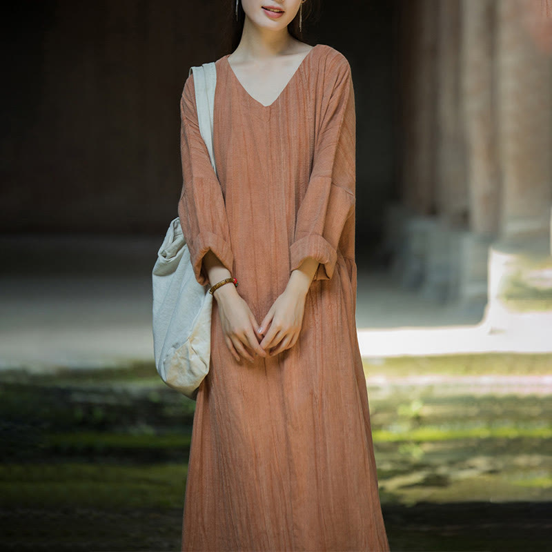 Solid Color Chinese V-neck Long Sleeve Ramie Linen Midi Dress