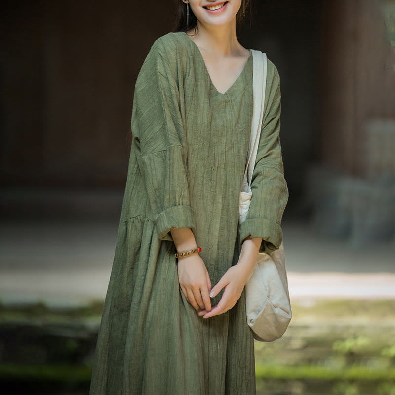 Solid Color Chinese V-neck Long Sleeve Ramie Linen Midi Dress