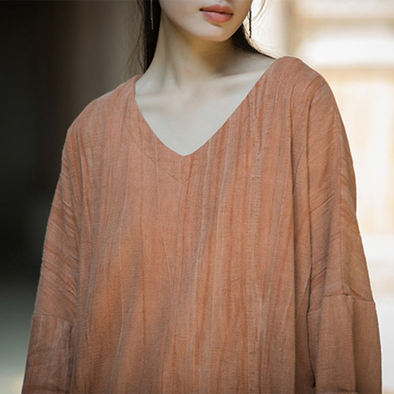 Solid Color Chinese V-neck Long Sleeve Ramie Linen Midi Dress