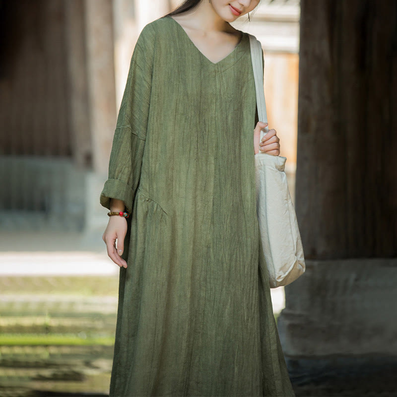 Solid Color Chinese V-neck Long Sleeve Ramie Linen Midi Dress