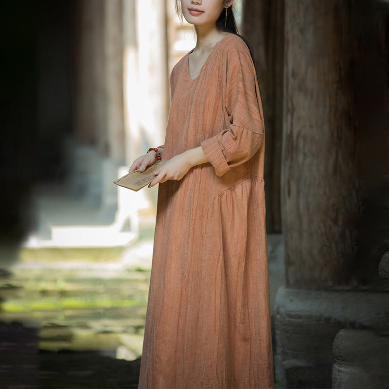 Solid Color Chinese V-neck Long Sleeve Ramie Linen Midi Dress