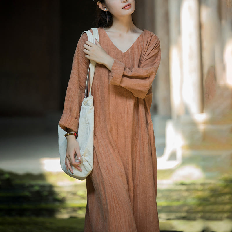 Solid Color Chinese V-neck Long Sleeve Ramie Linen Midi Dress