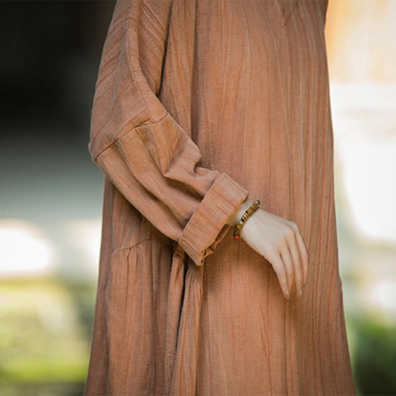 Solid Color Chinese V-neck Long Sleeve Ramie Linen Midi Dress