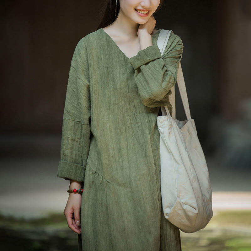Solid Color Chinese V-neck Long Sleeve Ramie Linen Midi Dress