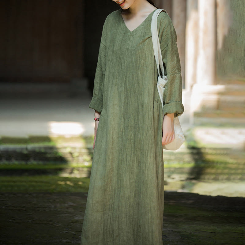 Solid Color Chinese V-neck Long Sleeve Ramie Linen Midi Dress