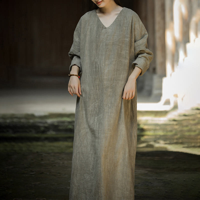 Solid Color Chinese V-neck Long Sleeve Ramie Linen Midi Dress