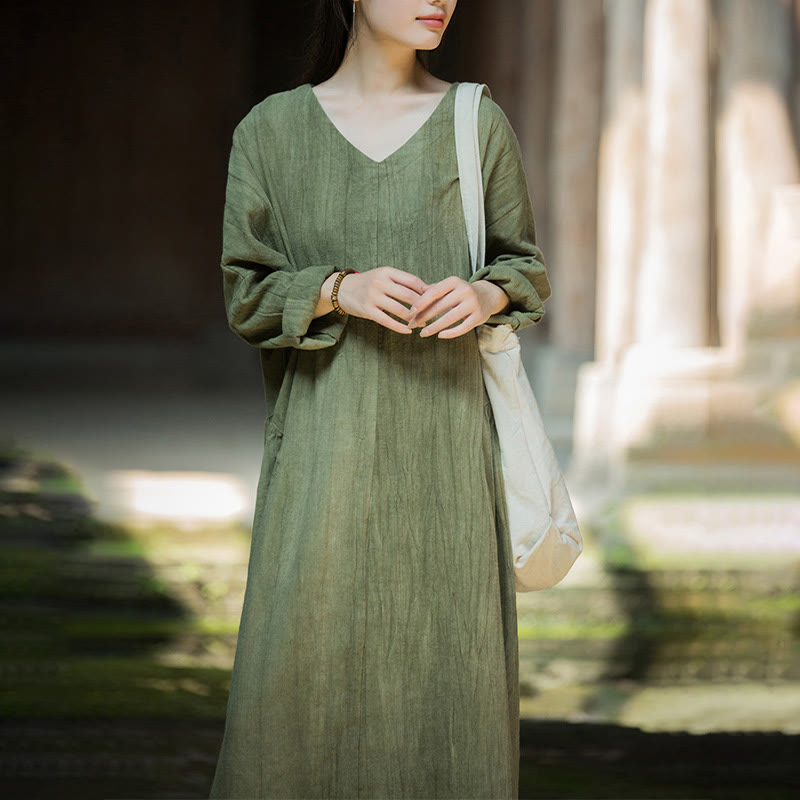 Solid Color Chinese V-neck Long Sleeve Ramie Linen Midi Dress