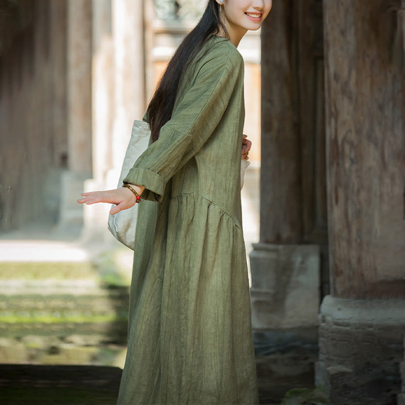 Solid Color Chinese V-neck Long Sleeve Ramie Linen Midi Dress