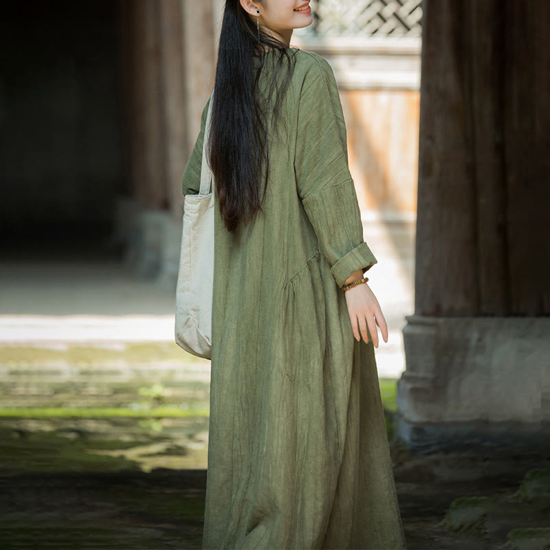 Solid Color Chinese V-neck Long Sleeve Ramie Linen Midi Dress