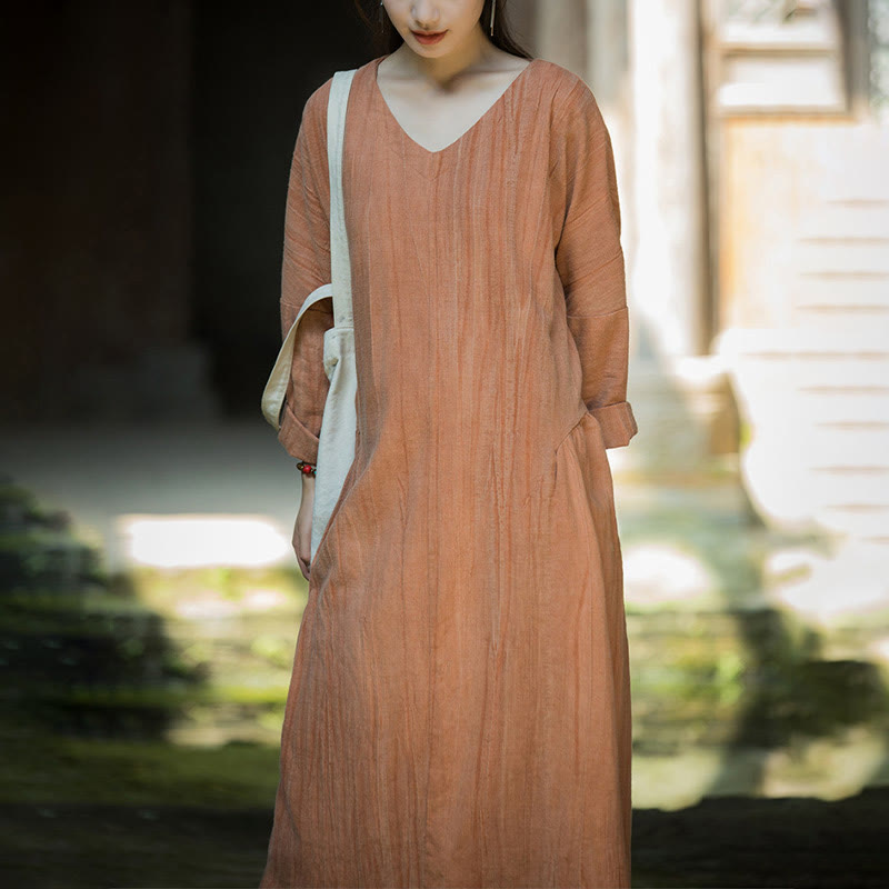 Solid Color Chinese V-neck Long Sleeve Ramie Linen Midi Dress