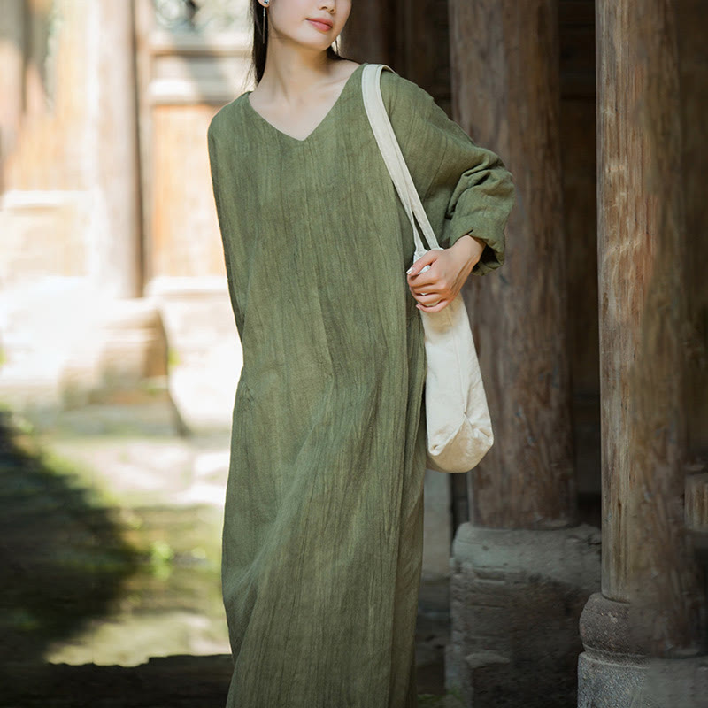 Solid Color Chinese V-neck Long Sleeve Ramie Linen Midi Dress