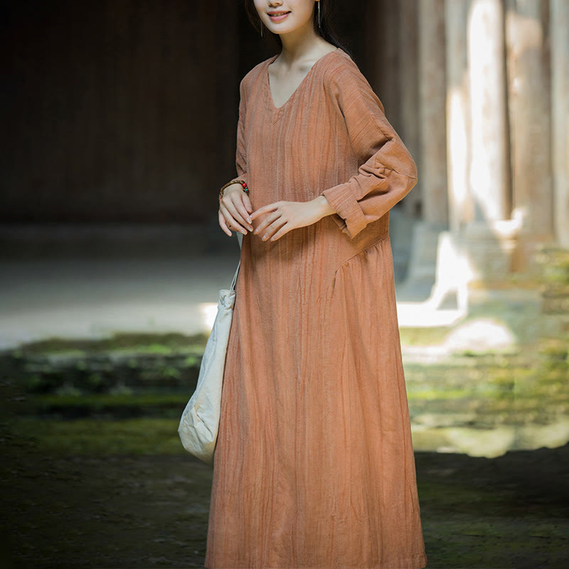 Solid Color Chinese V-neck Long Sleeve Ramie Linen Midi Dress