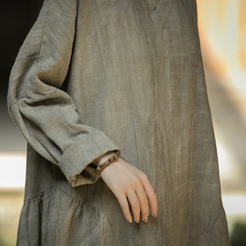 Solid Color Chinese V-neck Long Sleeve Ramie Linen Midi Dress