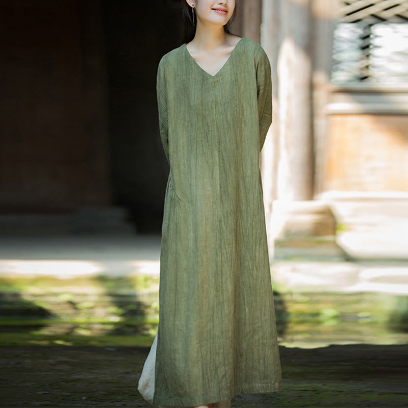Solid Color Chinese V-neck Long Sleeve Ramie Linen Midi Dress