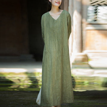 Solid Color Chinese V-neck Long Sleeve Ramie Linen Midi Dress