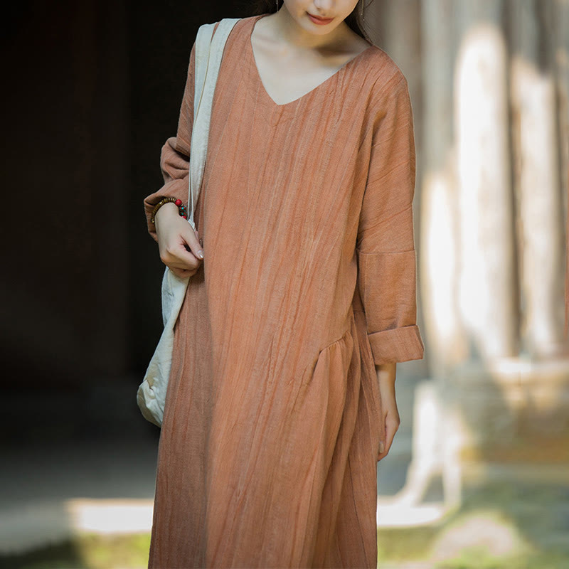 Solid Color Chinese V-neck Long Sleeve Ramie Linen Midi Dress
