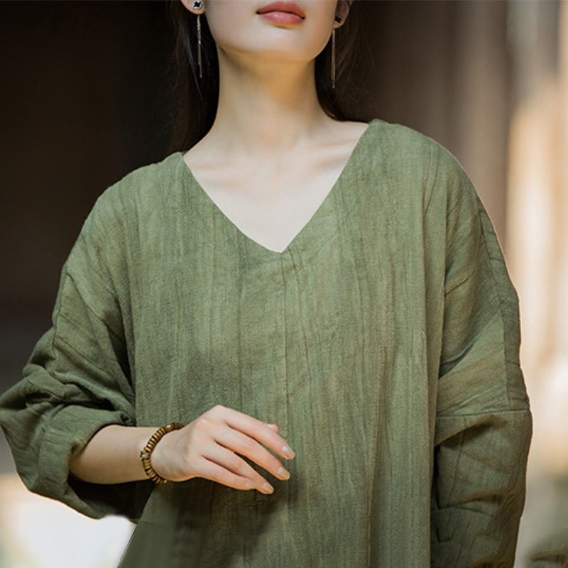 Solid Color Chinese V-neck Long Sleeve Ramie Linen Midi Dress