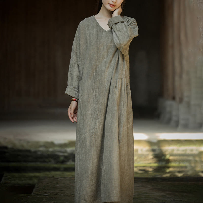 Solid Color Chinese V-neck Long Sleeve Ramie Linen Midi Dress