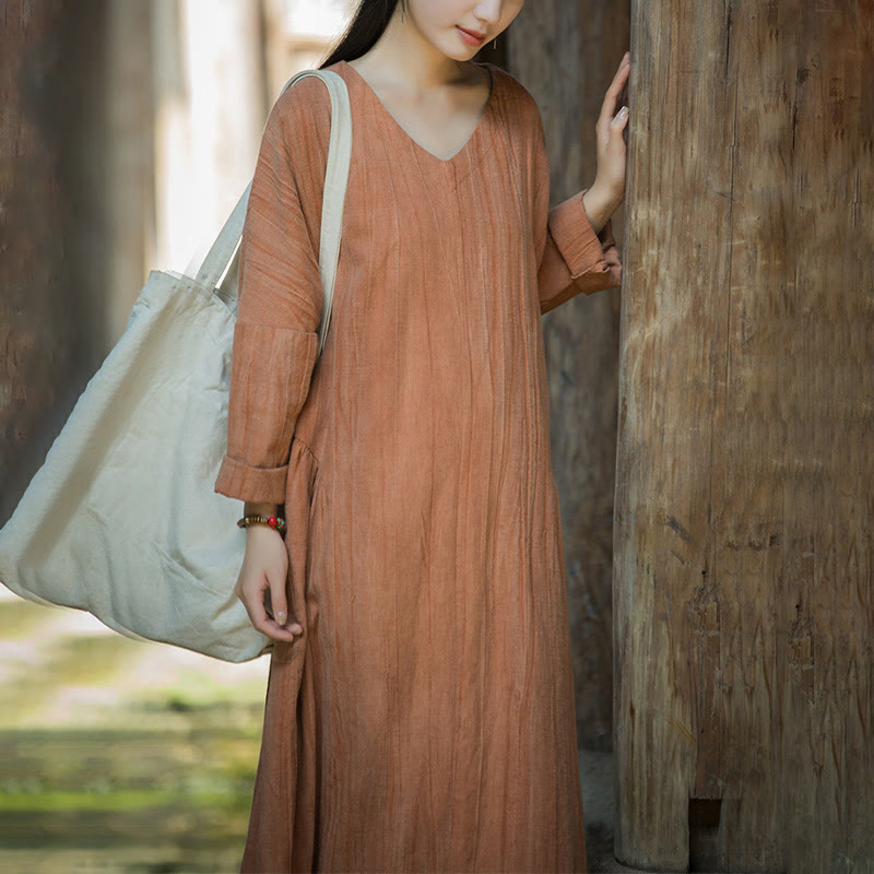 Solid Color Chinese V-neck Long Sleeve Ramie Linen Midi Dress