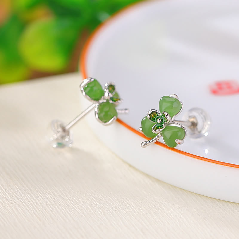 925 Sterling Silver Enamel Hetian Jade Shamrock Luck Earrings