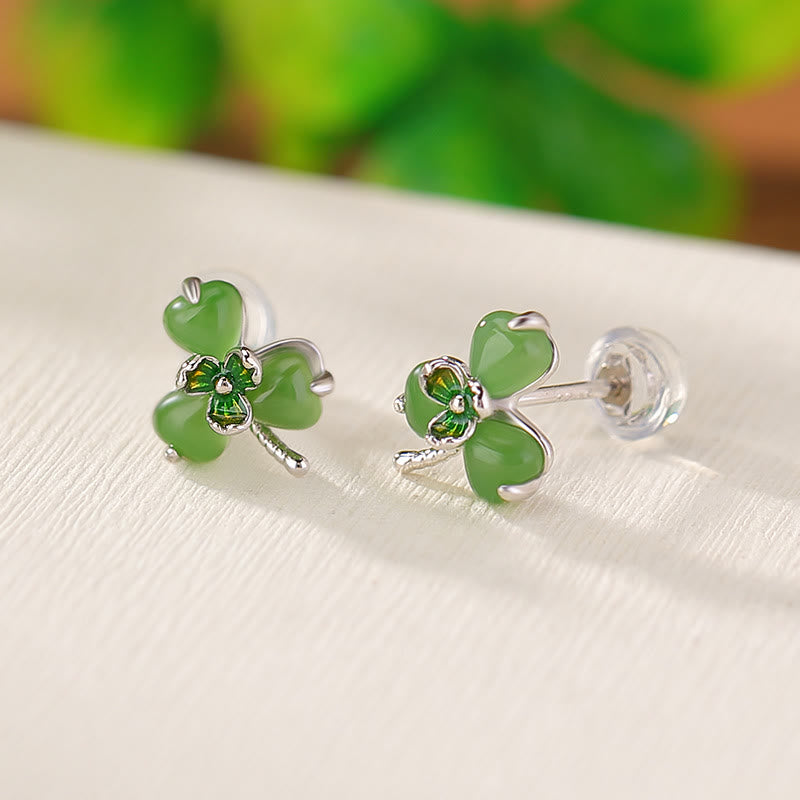 925 Sterling Silver Enamel Hetian Jade Shamrock Luck Earrings