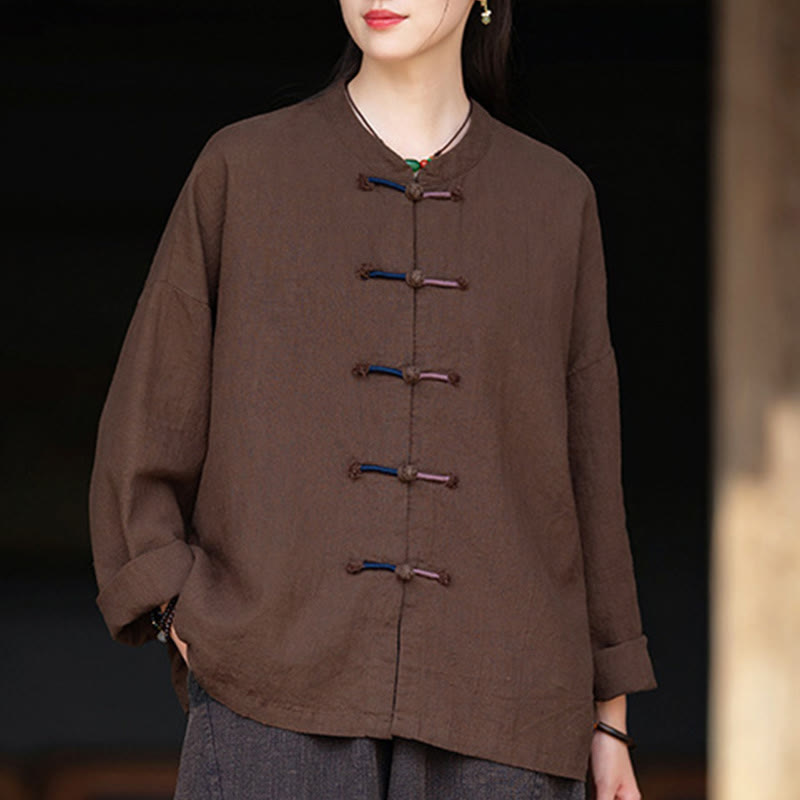Solid Color Two-color Frog-button Long Sleeve Ramie Linen Women's Shirt