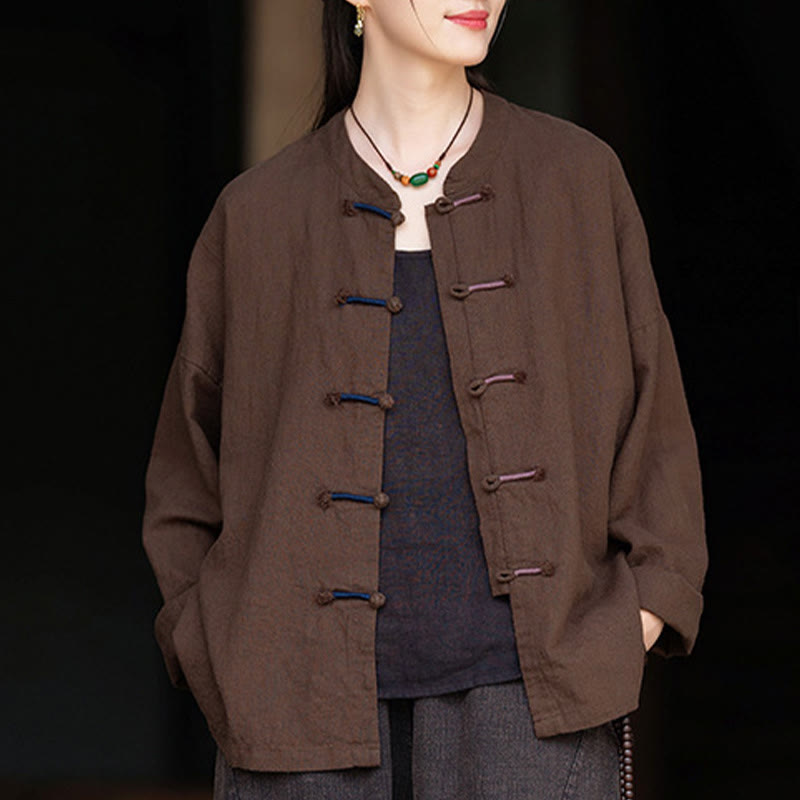 Solid Color Two-color Frog-button Long Sleeve Ramie Linen Women's Shirt