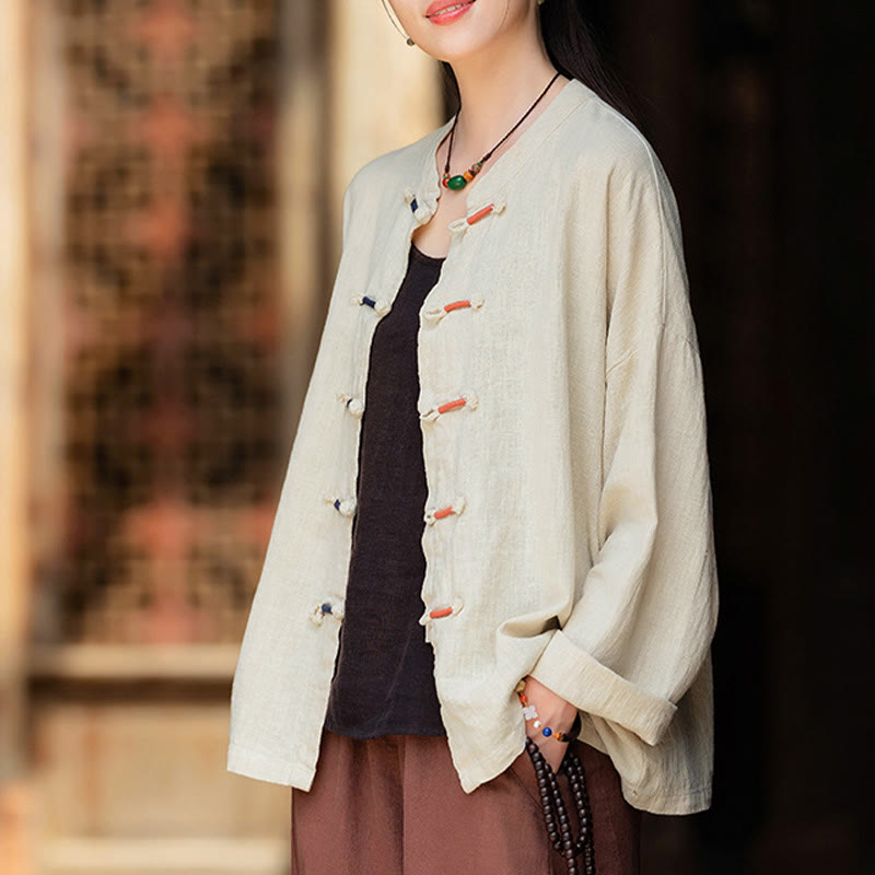 Solid Color Two-color Frog-button Long Sleeve Ramie Linen Women's Shirt