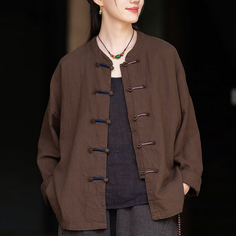 Solid Color Two-color Frog-button Long Sleeve Ramie Linen Women's Shirt