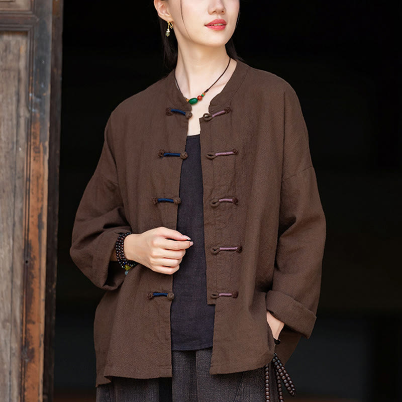 Solid Color Two-color Frog-button Long Sleeve Ramie Linen Women's Shirt