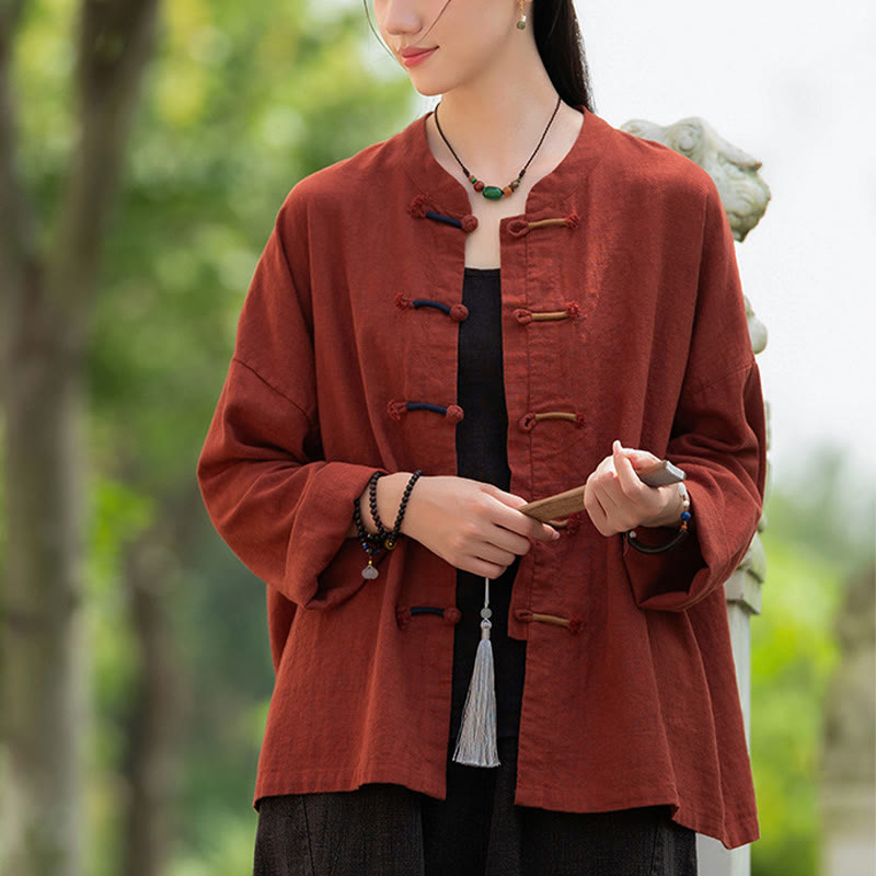 Solid Color Two-color Frog-button Long Sleeve Ramie Linen Women's Shirt