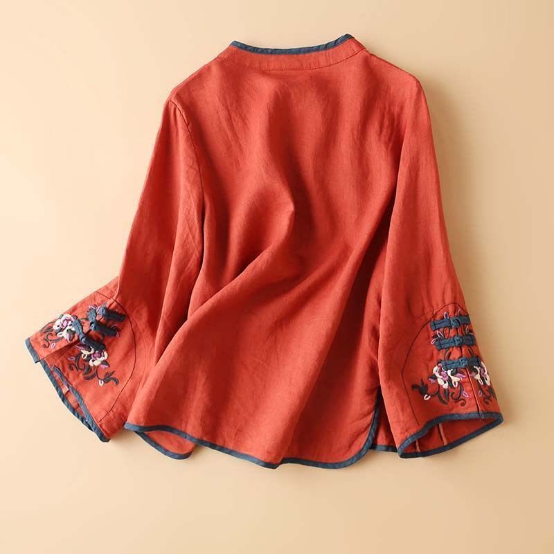 Retro Flower Embroidery Design Long Sleeve Cotton Linen Women's Shirt