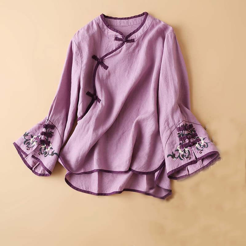 Retro Flower Embroidery Design Long Sleeve Cotton Linen Women's Shirt
