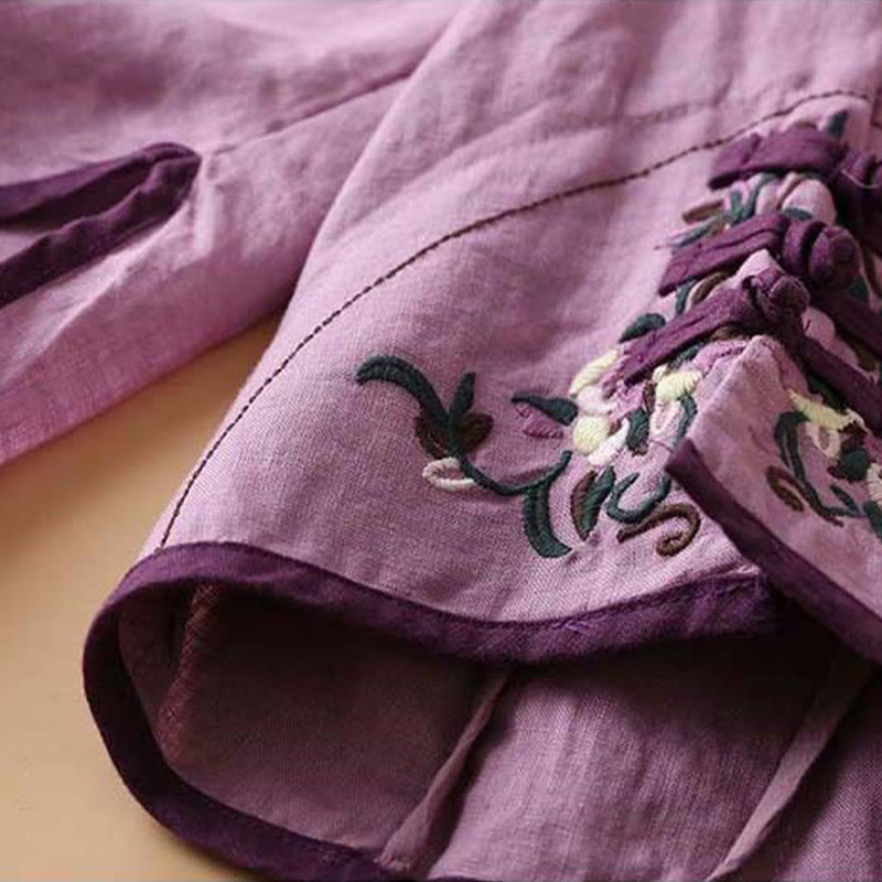 Retro Flower Embroidery Design Long Sleeve Cotton Linen Women's Shirt