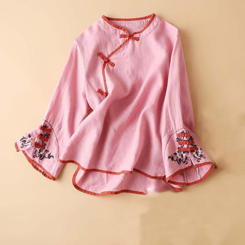 Retro Flower Embroidery Design Long Sleeve Cotton Linen Women's Shirt
