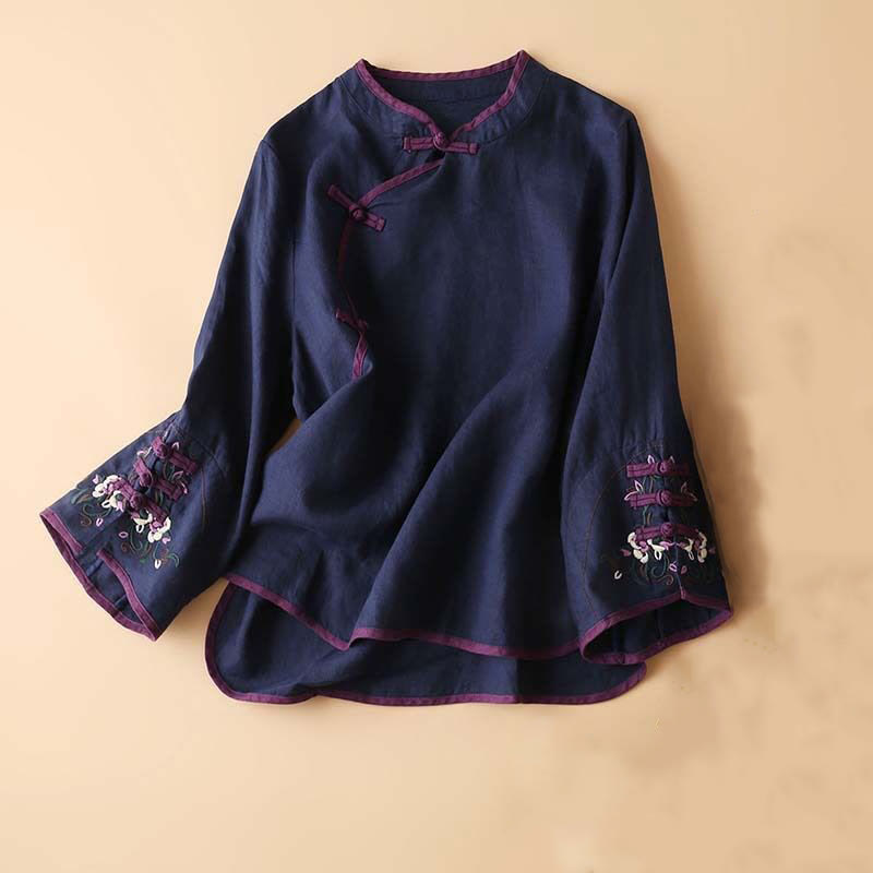Retro Flower Embroidery Design Long Sleeve Cotton Linen Women's Shirt