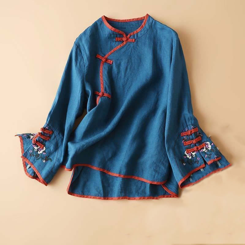 Retro Flower Embroidery Design Long Sleeve Cotton Linen Women's Shirt