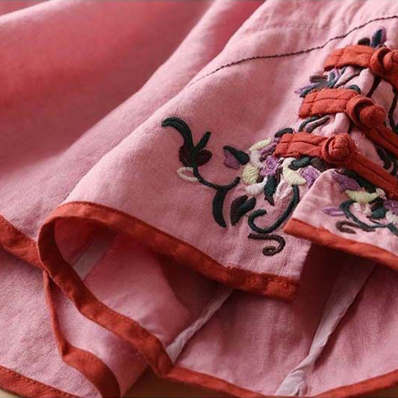 Retro Flower Embroidery Design Long Sleeve Cotton Linen Women's Shirt