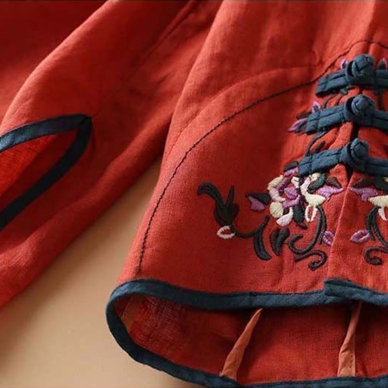 Retro Flower Embroidery Design Long Sleeve Cotton Linen Women's Shirt