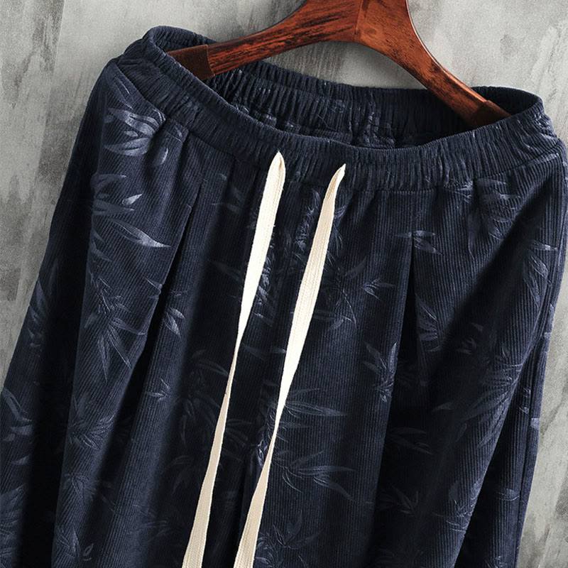 Bamboo Leaves Corduroy Drawstring Cotton Men's Wide Leg Pants With Pockets