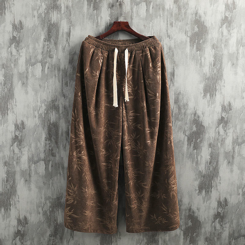 Bamboo Leaves Corduroy Drawstring Cotton Men's Wide Leg Pants With Pockets