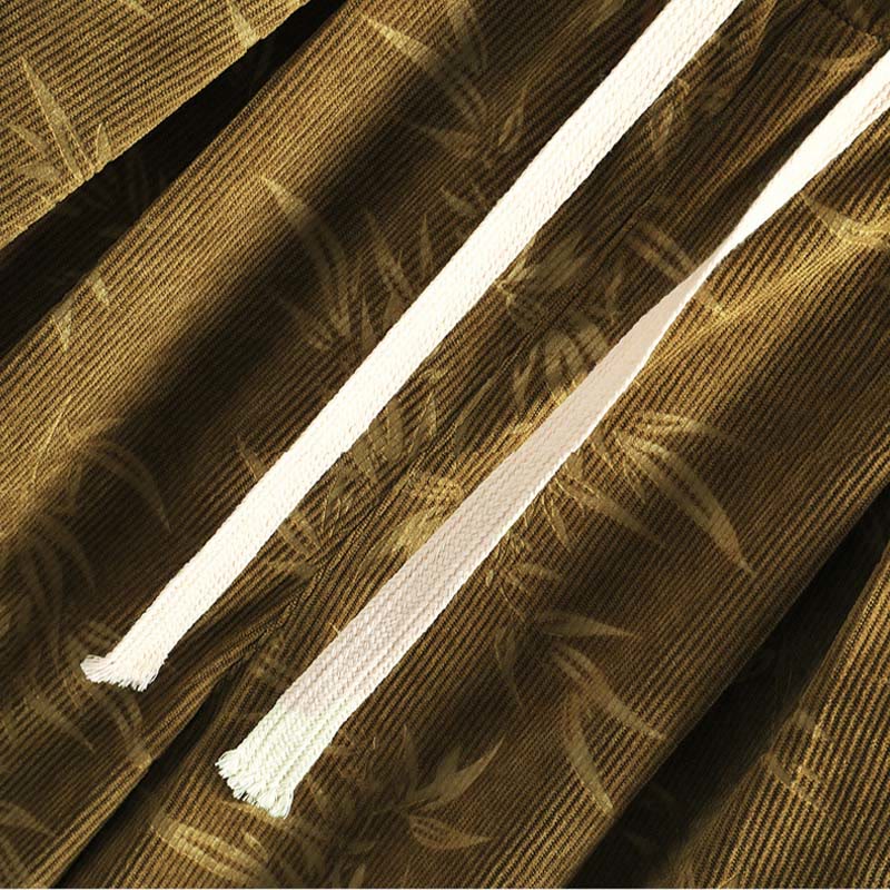 Bamboo Leaves Corduroy Drawstring Cotton Men's Wide Leg Pants With Pockets