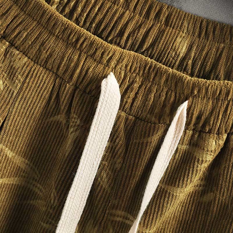 Bamboo Leaves Corduroy Drawstring Cotton Men's Wide Leg Pants With Pockets