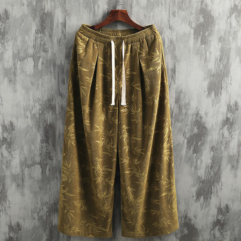 Bamboo Leaves Corduroy Drawstring Cotton Men's Wide Leg Pants With Pockets
