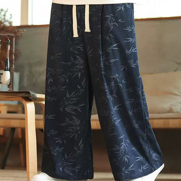 Bamboo Leaves Corduroy Drawstring Cotton Men's Wide Leg Pants With Pockets
