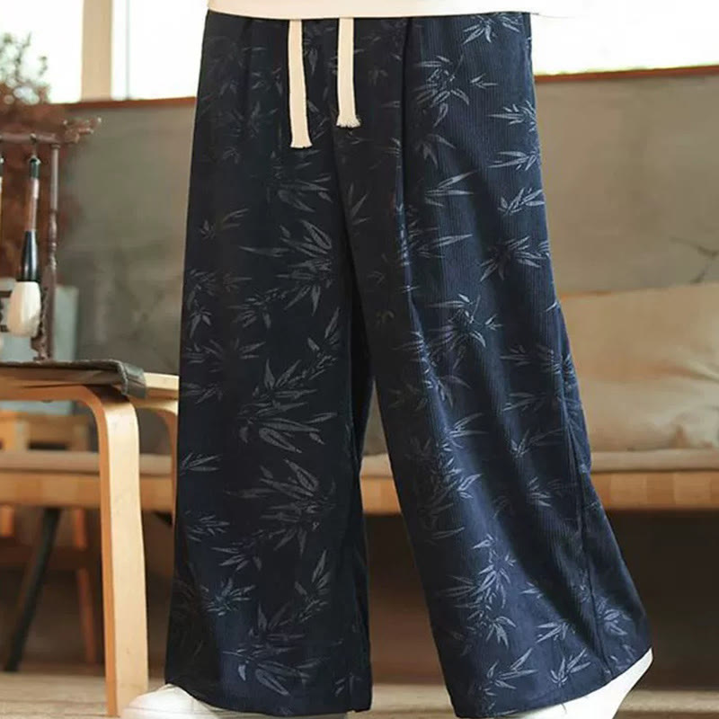 Bamboo Leaves Corduroy Drawstring Cotton Men's Wide Leg Pants With Pockets