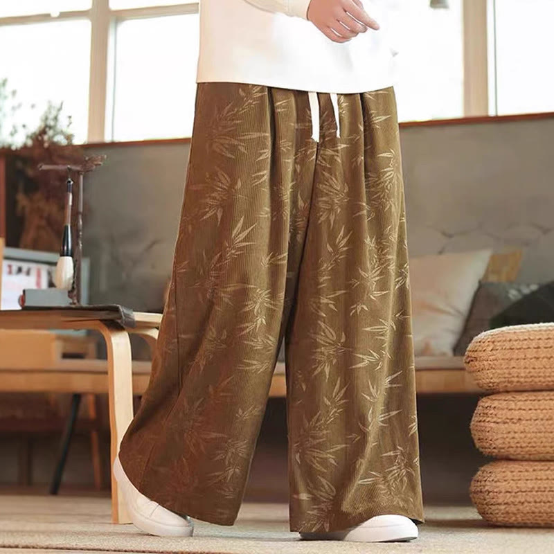 Bamboo Leaves Corduroy Drawstring Cotton Men's Wide Leg Pants With Pockets