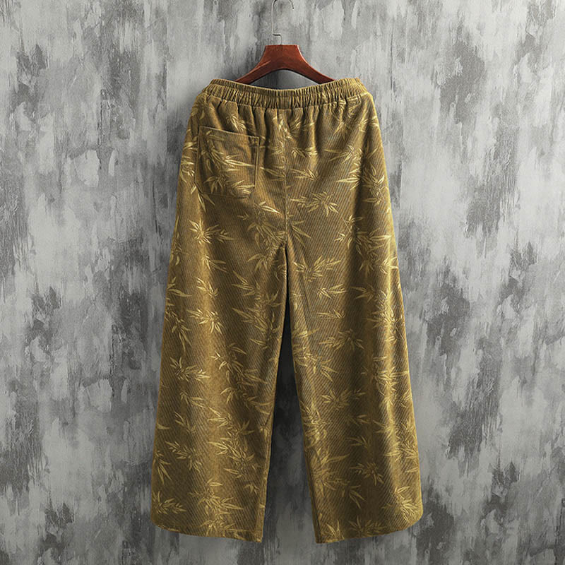 Bamboo Leaves Corduroy Drawstring Cotton Men's Wide Leg Pants With Pockets