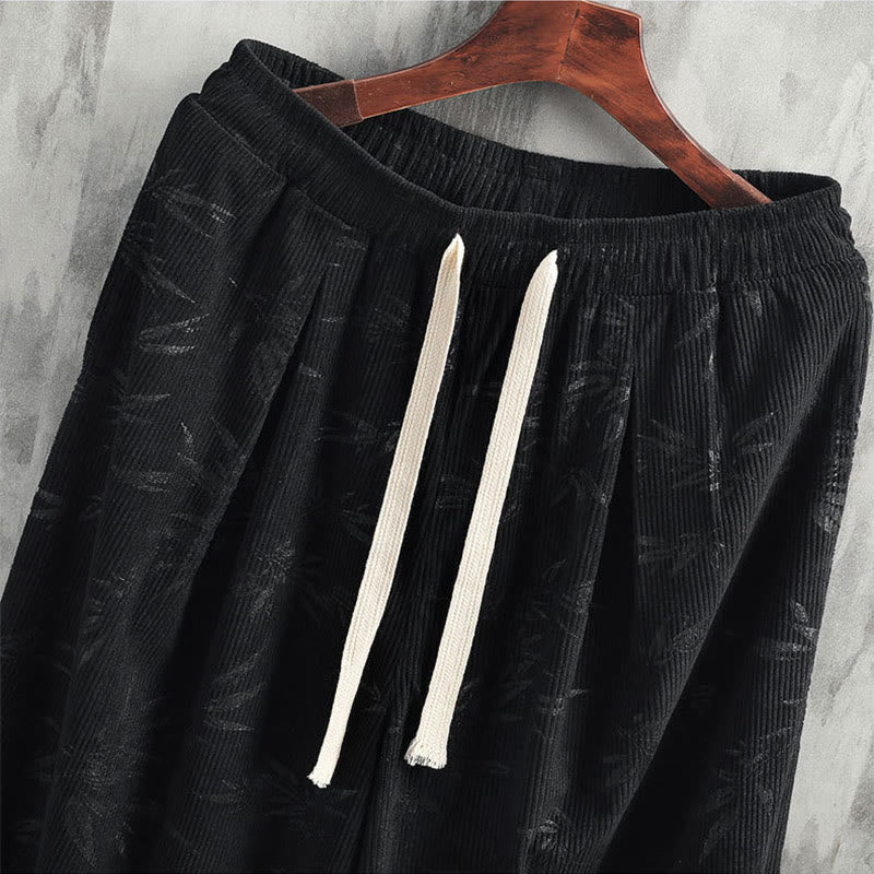 Bamboo Leaves Corduroy Drawstring Cotton Men's Wide Leg Pants With Pockets